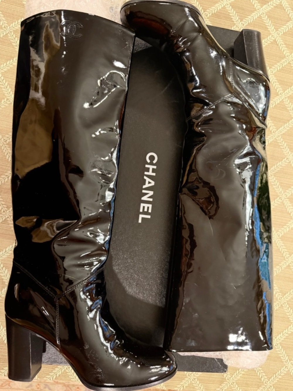 Authentic Chanel Long Boots Black Patent Sz41